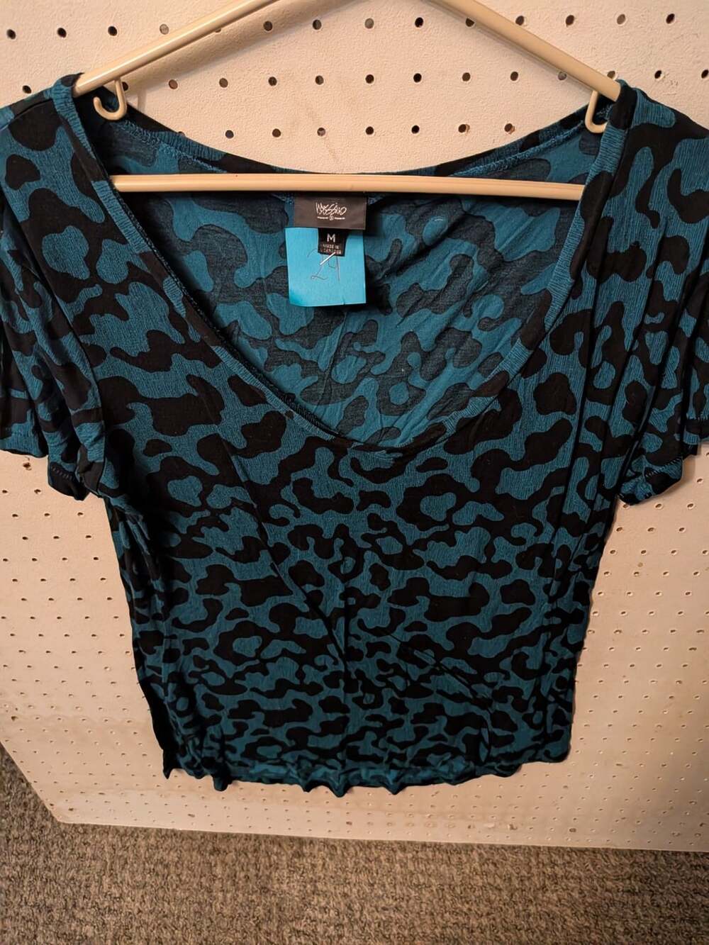 Mossimo SzM Cheetah Print V-Neck Tunic Long Jersey T-shirt Teal/Black 100% Rayon
